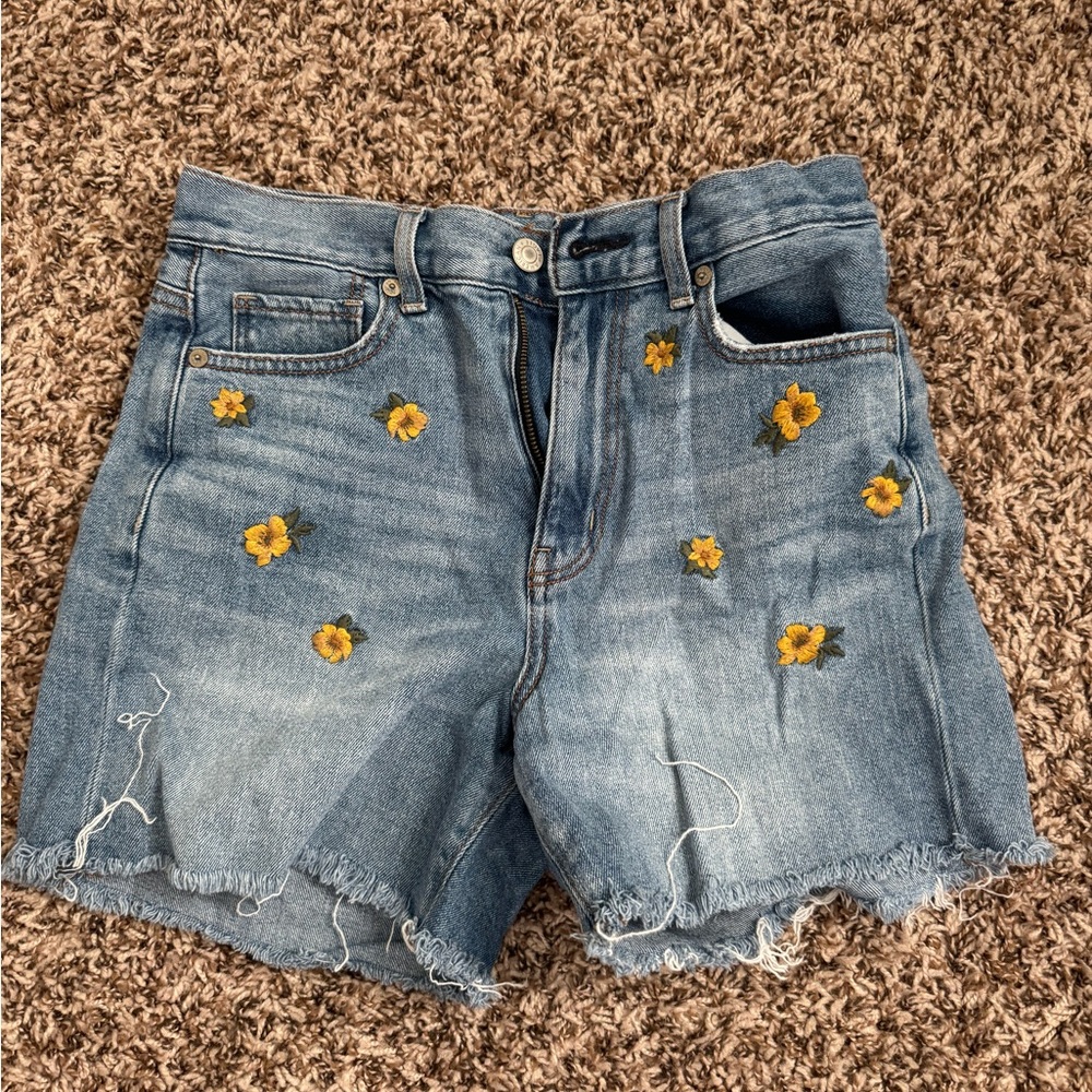 American Eagle Outfitters Blue Jean Shorts with Yellow Floral Embroidery